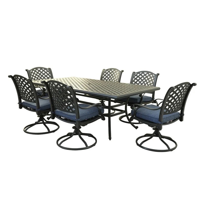 Ventura Cast Aluminum 7 Piece Rectangular Dining Set with 6 Swivel Rockers - N/A