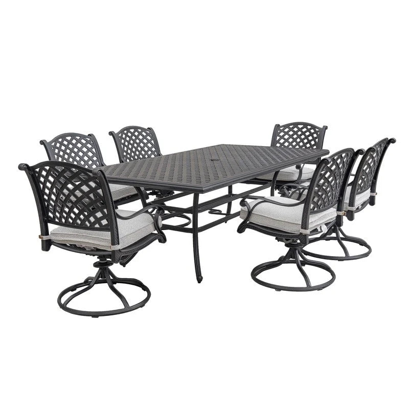 Ventura Cast Aluminum 7 Piece Rectangular Dining Set with 6 Swivel Rockers - N/A