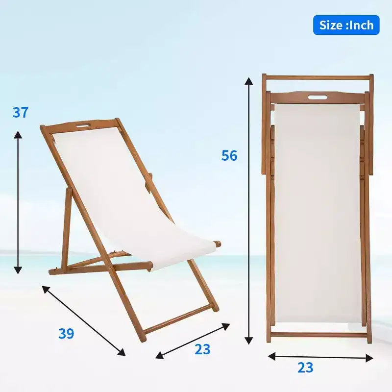 Sedia da Patio Pieghevole FDW Beach Sling per il Relax, Pieghevole con Altezza Regolabile Realizzata in Legno di Eucalipto con Poliestere Bianco, Naturale
