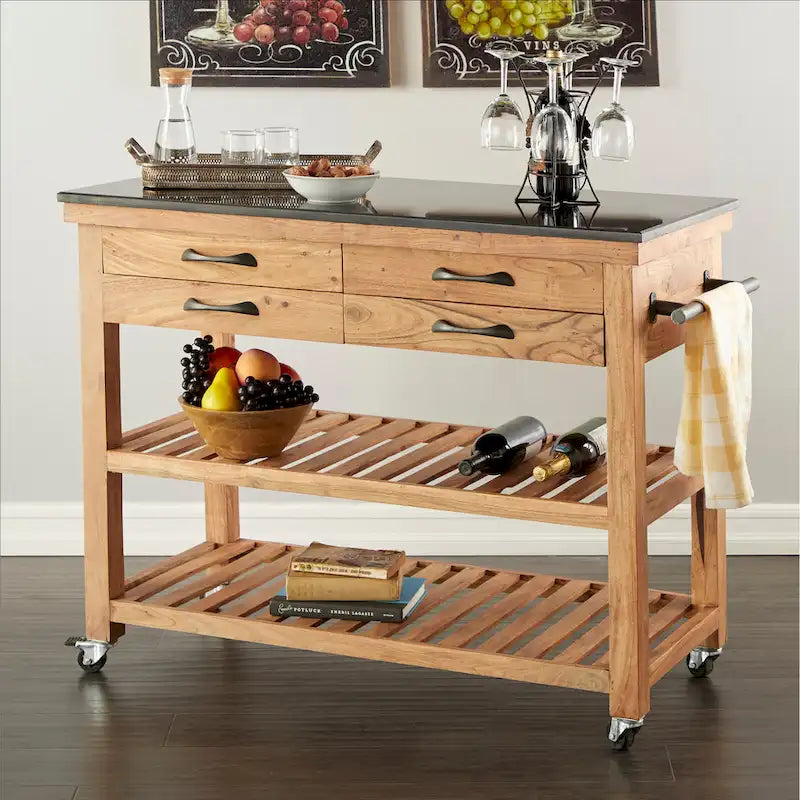 Carrello da Cucina in Legno con 4 Cassetti e 2 Ripiani, Maniglie in Metallo Nero e Piano in Marmo - Marrone - Roche River Decor