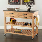 Carrello da Cucina in Legno con 4 Cassetti e 2 Ripiani, Maniglie in Metallo Nero e Piano in Marmo - Marrone - Roche River Decor