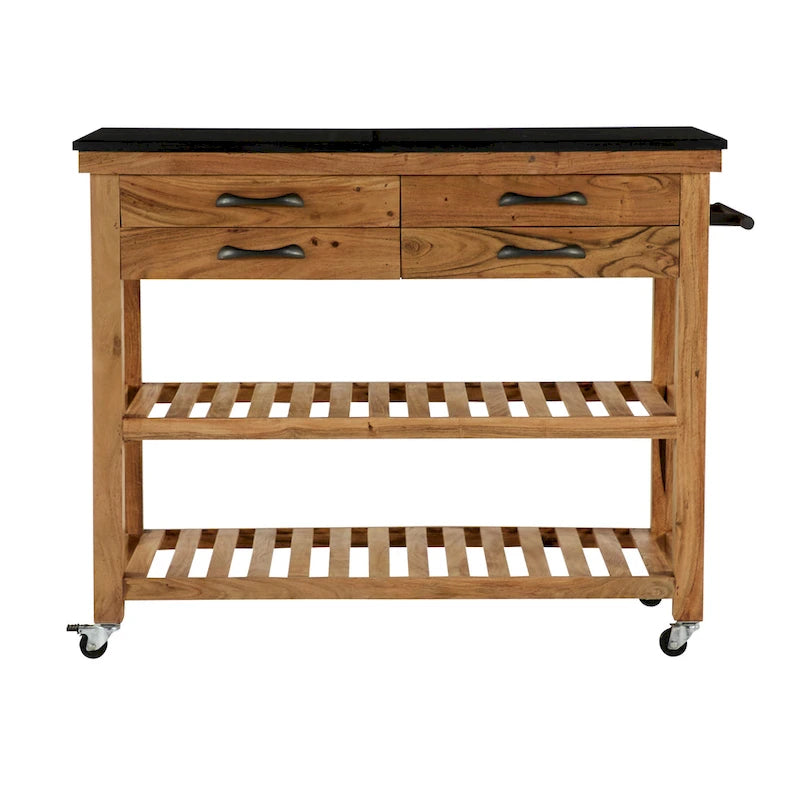 Carrello da Cucina in Legno con 4 Cassetti e 2 Ripiani, Maniglie in Metallo Nero e Piano in Marmo - Marrone - Roche River Decor