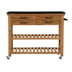 Carrello da Cucina in Legno con 4 Cassetti e 2 Ripiani, Maniglie in Metallo Nero e Piano in Marmo - Marrone - Roche River Decor