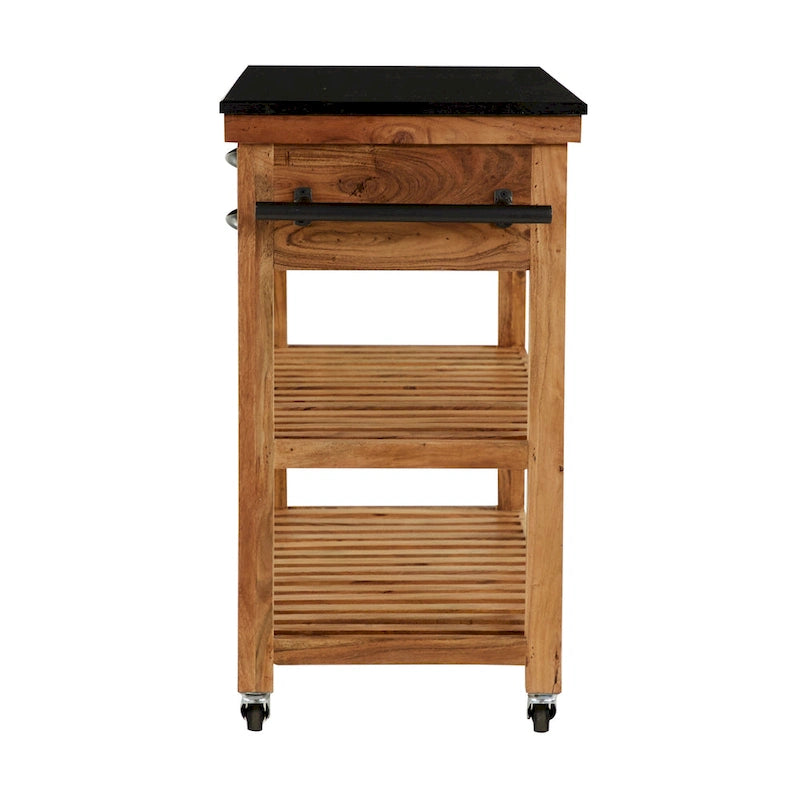 Carrello da Cucina in Legno con 4 Cassetti e 2 Ripiani, Maniglie in Metallo Nero e Piano in Marmo - Marrone - Roche River Decor