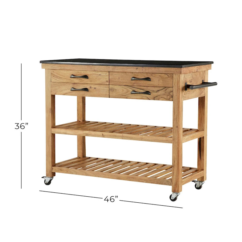 Carrello da Cucina in Legno con 4 Cassetti e 2 Ripiani, Maniglie in Metallo Nero e Piano in Marmo - Marrone - Roche River Decor