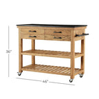 Carrello da Cucina in Legno con 4 Cassetti e 2 Ripiani, Maniglie in Metallo Nero e Piano in Marmo - Marrone - Roche River Decor