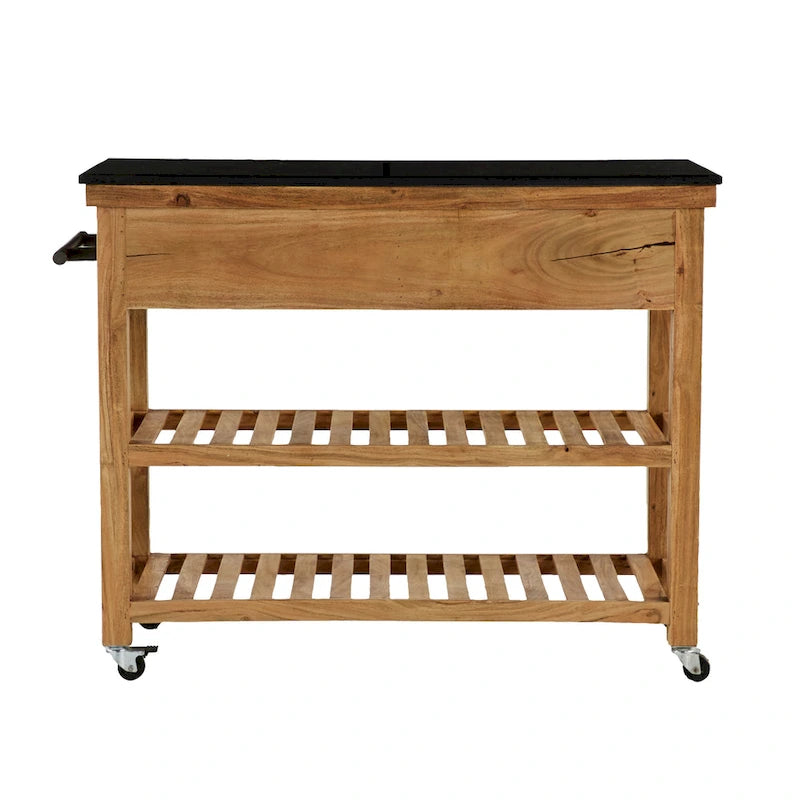 Carrello da Cucina in Legno con 4 Cassetti e 2 Ripiani, Maniglie in Metallo Nero e Piano in Marmo - Marrone - Roche River Decor