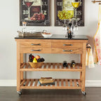 Carrello da Cucina in Legno con 4 Cassetti e 2 Ripiani, Maniglie in Metallo Nero e Piano in Marmo - Marrone - Roche River Decor