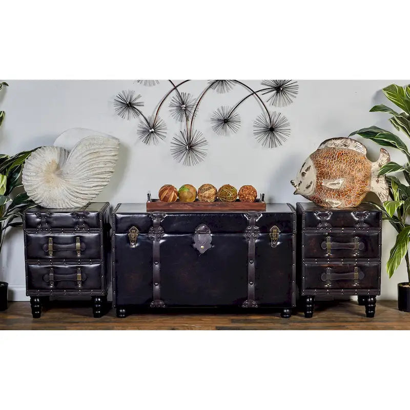Panca in Similpelle Vintage Effetto Legno a 4 Cassetti con Cinghie e Borchie in Similpelle - Set da 3 Marrone - Roche River Decor