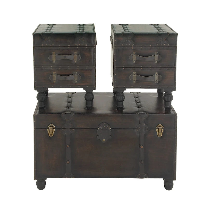 Panca in Similpelle Vintage Effetto Legno a 4 Cassetti con Cinghie e Borchie in Similpelle - Set da 3 Marrone - Roche River Decor