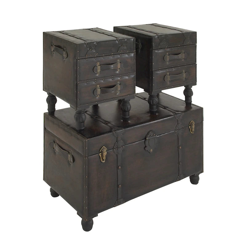Panca in Similpelle Vintage Effetto Legno a 4 Cassetti con Cinghie e Borchie in Similpelle - Set da 3 Marrone - Roche River Decor