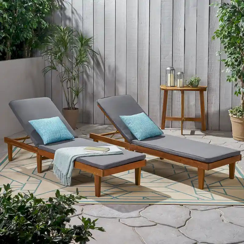 Nadine Outdoor Modern Cushioned Acacia Chaise Lounges (Set of 2) by Christopher Knight Home