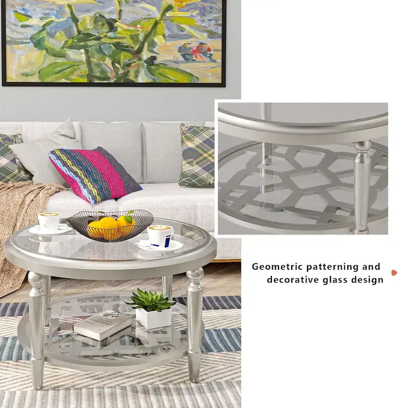 COSIEST Champagne Round Solid Wood Tempered Glass Coffee Table
