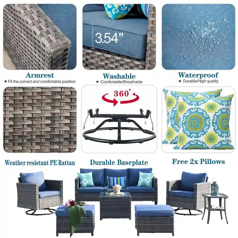 OVIOS 7-piece Patio Furniture Wicker Set with Swivel Rocking Chairs