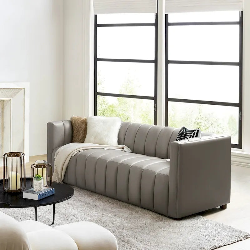 Divano curvo Olinto Modern Camel da 83 pollici in vera pelle con schienale canalizzato di HULALA HOME