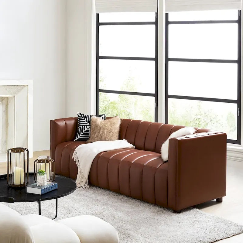 Olinto Modern Camel 83-Inch Genuine Leather Curved Couch with Channel Back by HULALA HOME
