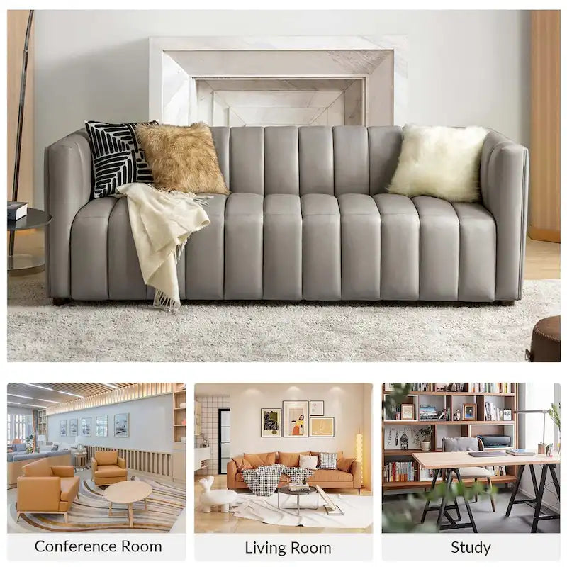 Divano curvo Olinto Modern Camel da 83 pollici in vera pelle con schienale canalizzato di HULALA HOME