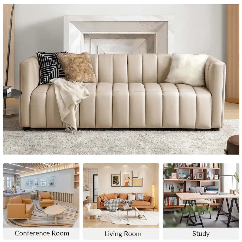 Divano curvo Olinto Modern Camel da 83 pollici in vera pelle con schienale canalizzato di HULALA HOME