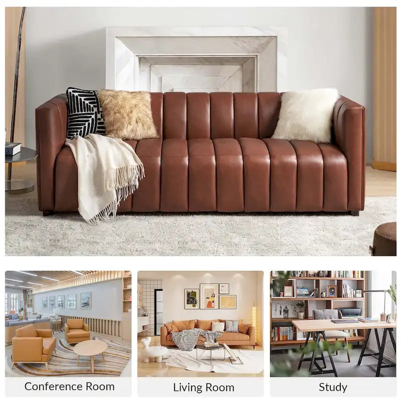 Divano curvo Olinto Modern Camel da 83 pollici in vera pelle con schienale canalizzato di HULALA HOME