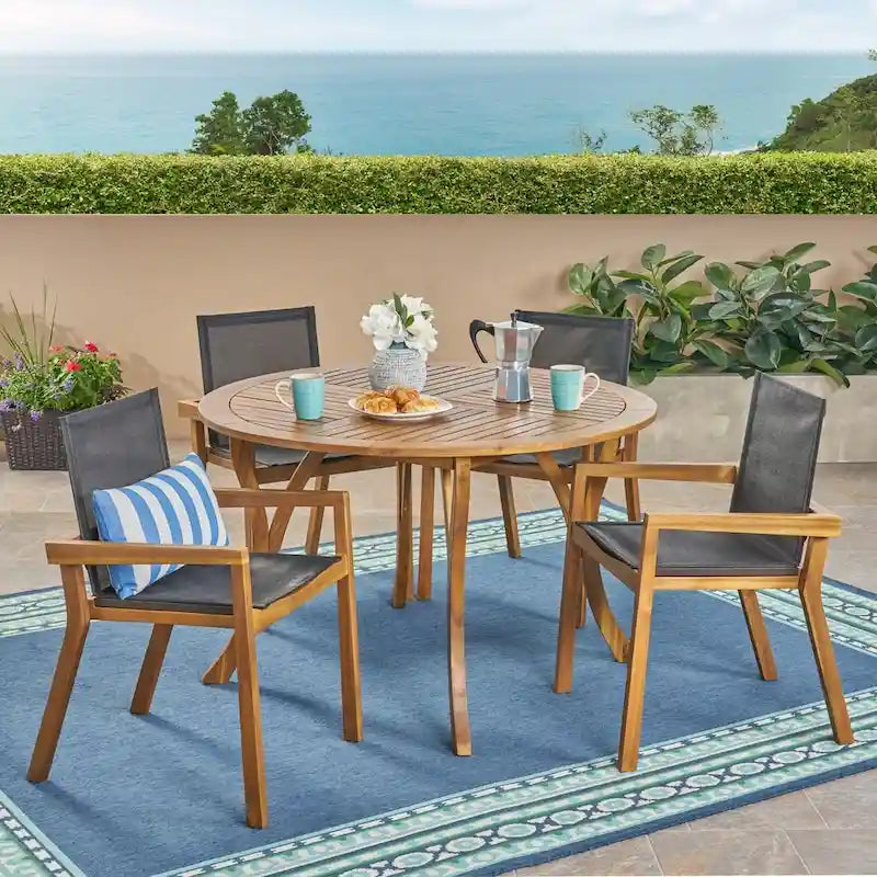Lockett Outdoor Acacia Wood 5 Piece Round Dining Set with Mesh Seats by Christopher Knight Home