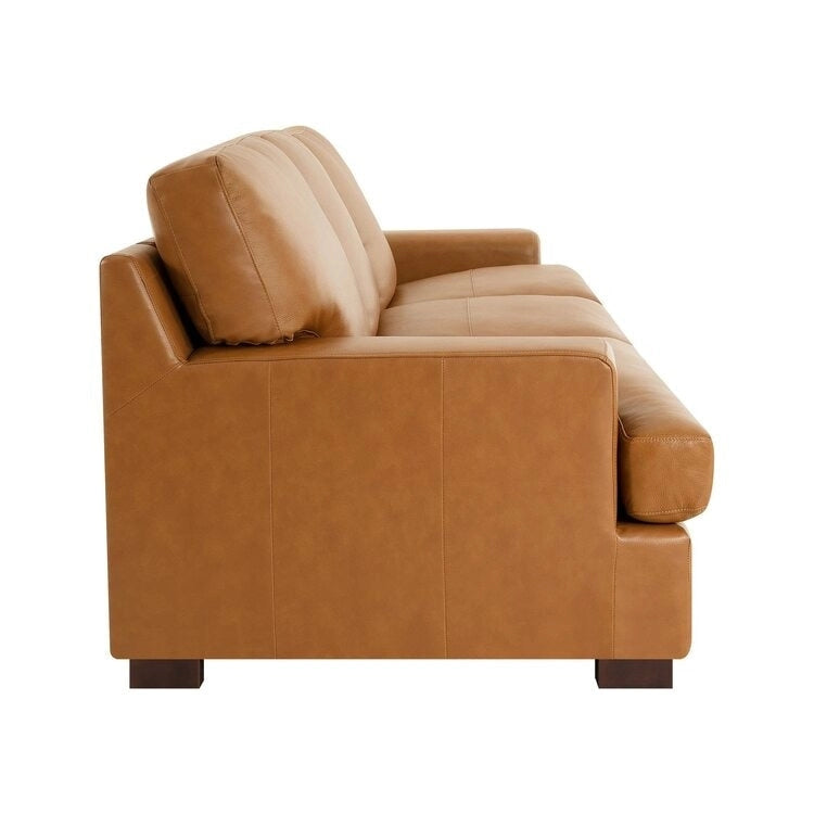 Modern Genuine Leather Sofa with Wooden Legs & Additional Bolster Pillow