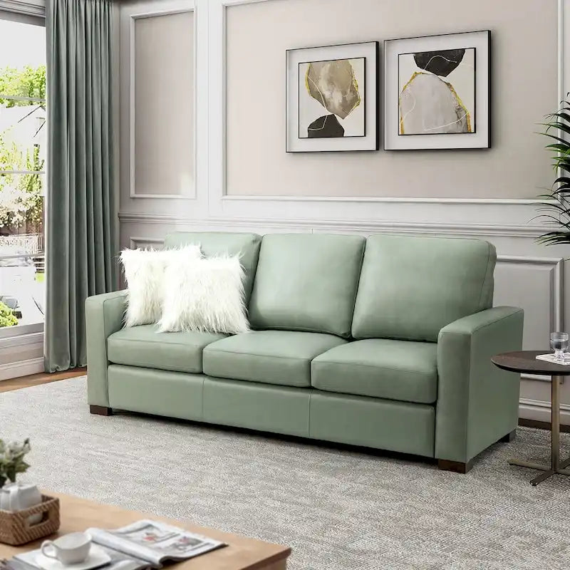 Ernando 83.46 Wide Genuine Leather Sofa with Squared Arms and Pillows