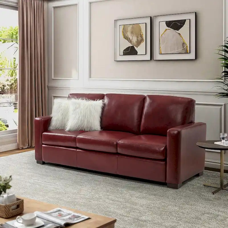 Ernando 83.46 Wide Genuine Leather Sofa with Squared Arms and Pillows