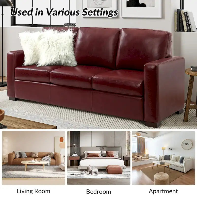 Ernando 83.46 Wide Genuine Leather Sofa with Squared Arms and Pillows