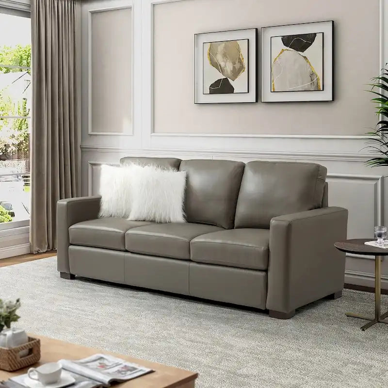 Ernando 83.46 Wide Genuine Leather Sofa with Squared Arms and Pillows