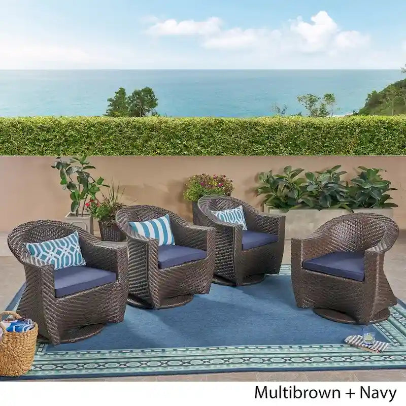 Larchmont Outdoor Wicker Swivel Chairs with Cushions (Set of 4) by Christopher Knight Home