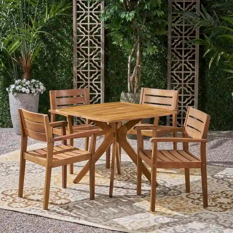 Set da pranzo da esterni Stamford a 5 pezzi in legno di acacia con base a X di Christopher Knight Home