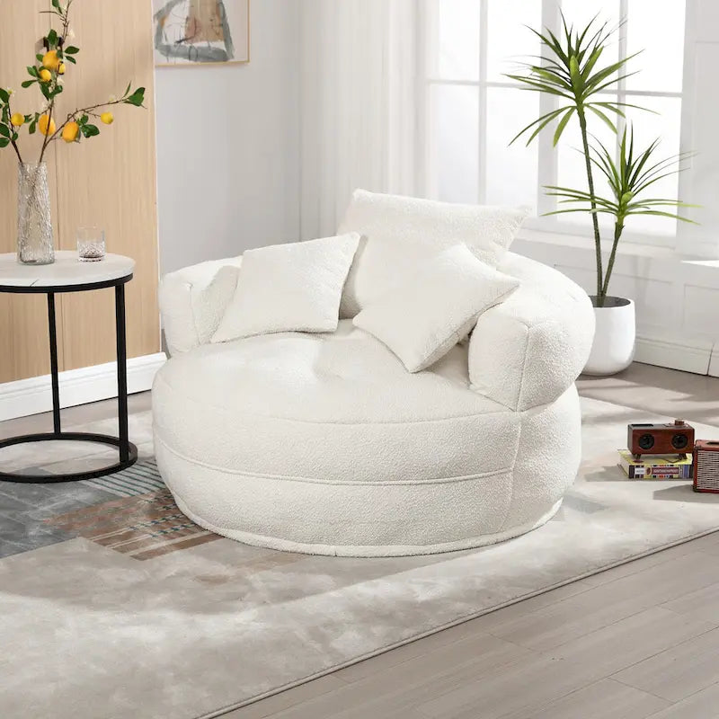 Boucle Upholstered Tufted Barrel Accent Living Room Chair With Toss Pillows