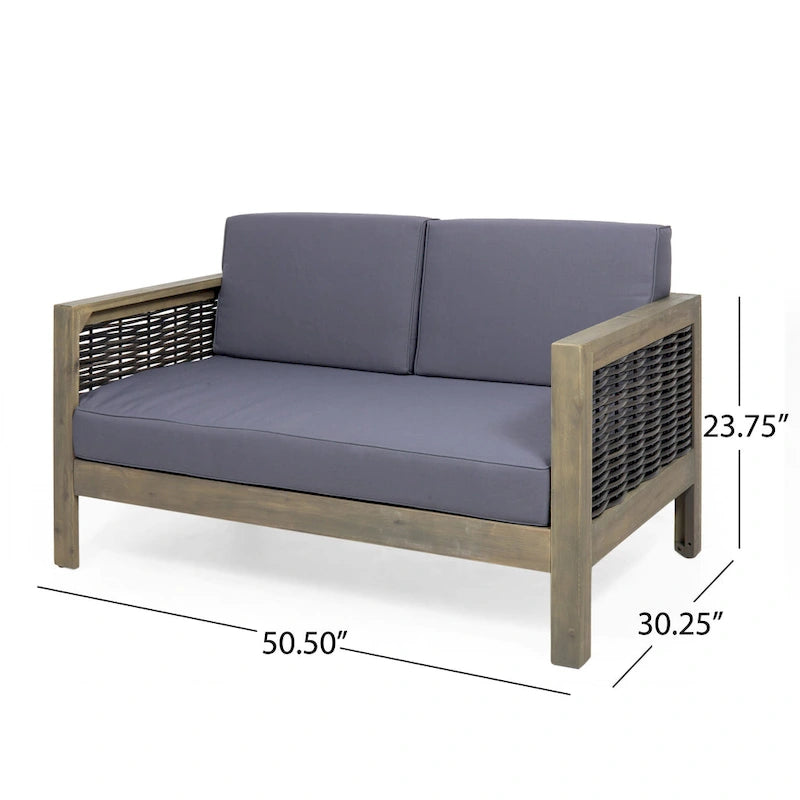 Linwood Acacia Wood and Wicker Outdoor Loveseat and Coffee Table Set with Cushions by Christopher Knight Home