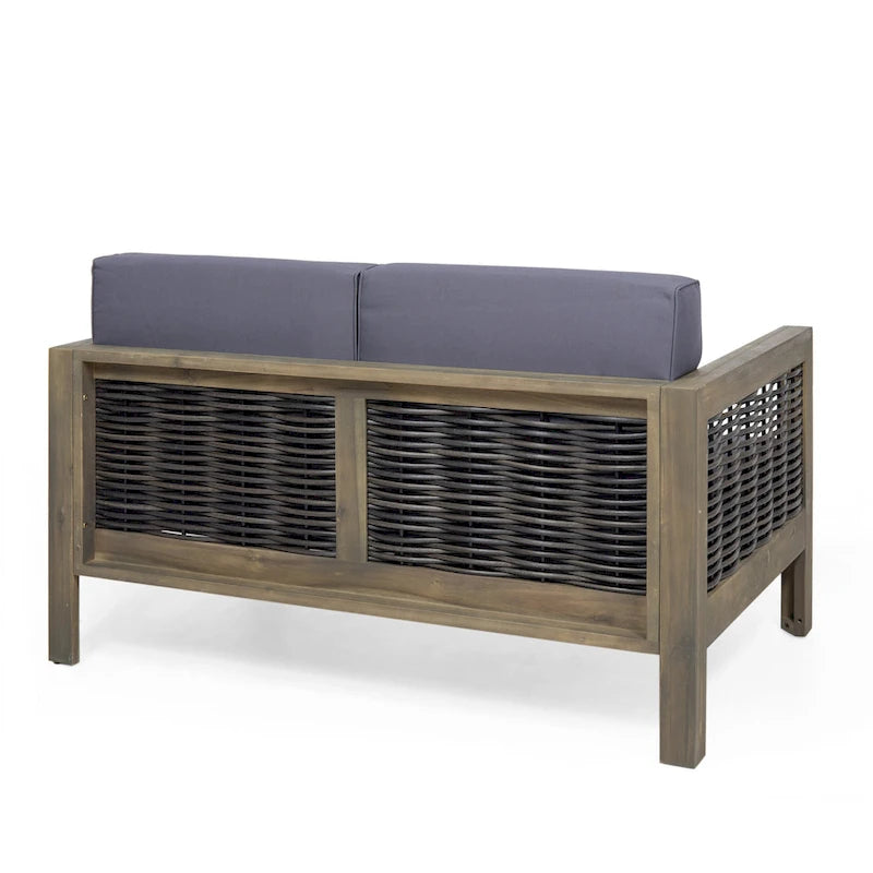 Linwood Acacia Wood and Wicker Outdoor Loveseat and Coffee Table Set with Cushions by Christopher Knight Home