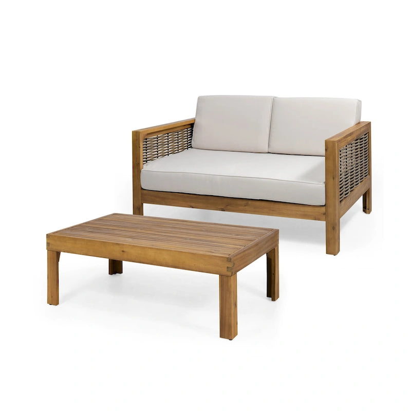 Linwood Acacia Wood and Wicker Outdoor Loveseat and Coffee Table Set with Cushions by Christopher Knight Home