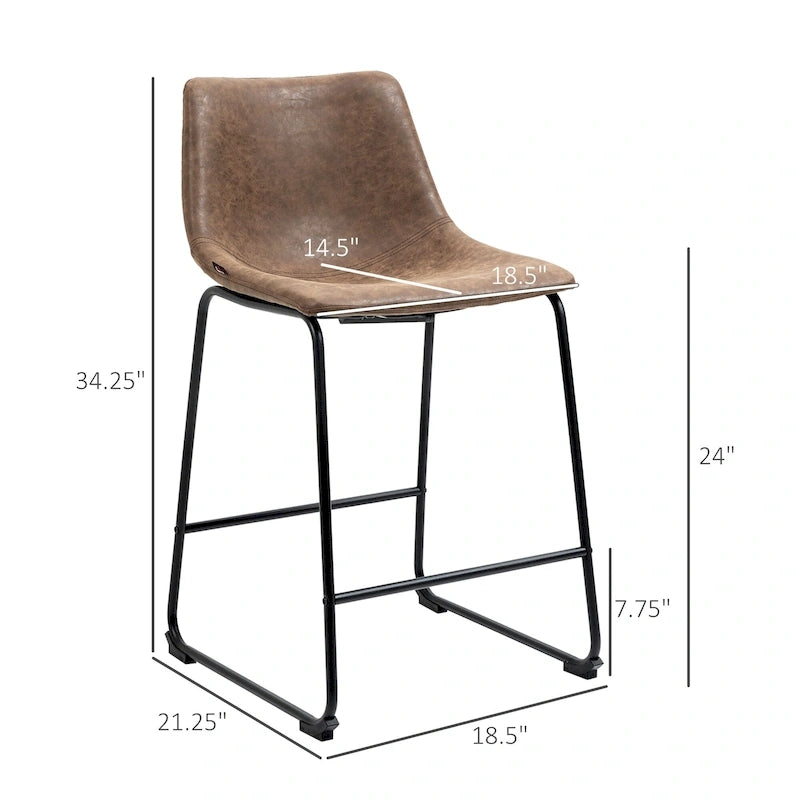 HOMCOM Counter Height Bar Stools Set of 2, Vintage PU Leather Barstools with Footrest for Dining Room, Home Bar, Kitchen