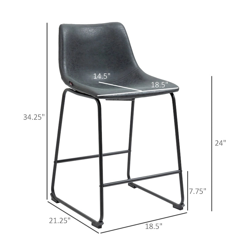 HOMCOM Counter Height Bar Stools Set of 2, Vintage PU Leather Barstools with Footrest for Dining Room, Home Bar, Kitchen
