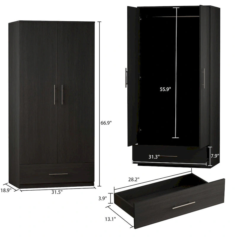 Kerrogee 31.5W x 66.9H Armoire 2 Door 1 Drawer With Rod