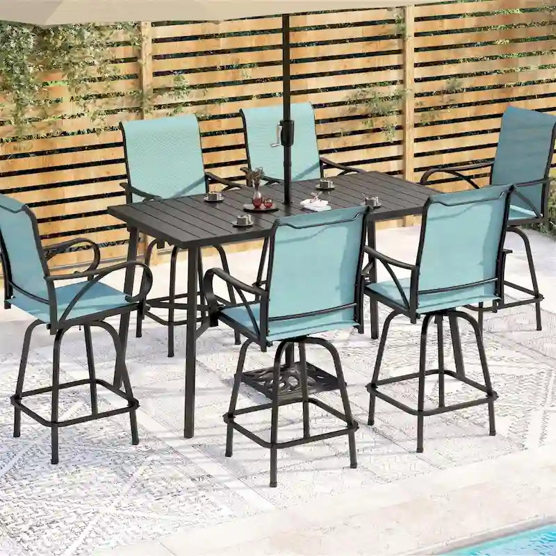 MAISON ARTS 7-Piece Patio Bar Stool Set Wood-grain Bar Table & Aqua Textilene Swivel Stools