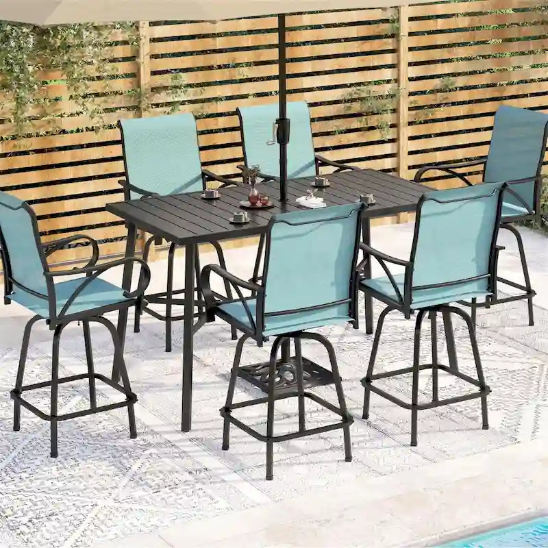 MAISON ARTS 7-Piece Patio Bar Stool Set Wood-grain Bar Table & Aqua Textilene Swivel Stools