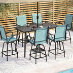 MAISON ARTS 7-Piece Patio Bar Stool Set Wood-grain Bar Table & Aqua Textilene Swivel Stools