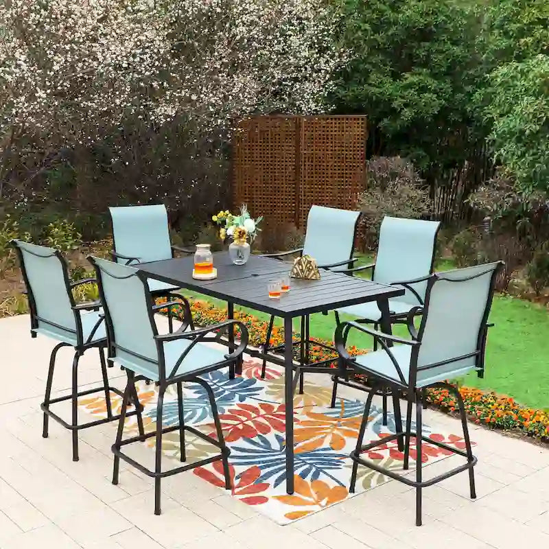 MAISON ARTS 7-Piece Patio Bar Stool Set Wood-grain Bar Table & Aqua Textilene Swivel Stools