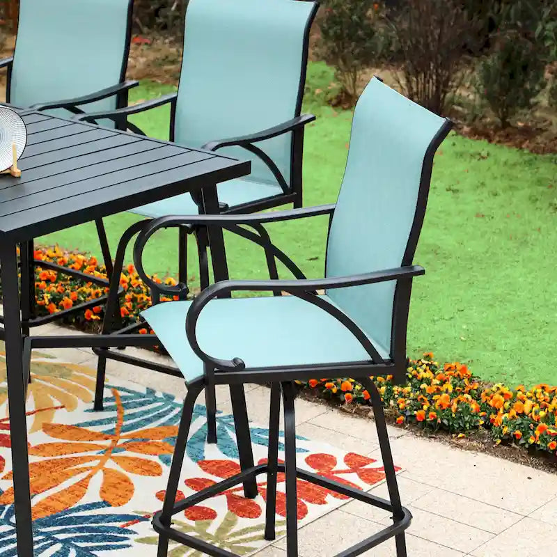 MAISON ARTS 7-Piece Patio Bar Stool Set Wood-grain Bar Table & Aqua Textilene Swivel Stools