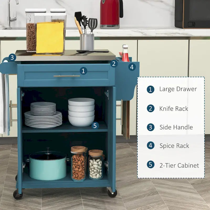 HOMCOM Kitchen Island on Wheels, Rolling Kitchen Cart with Stainless Steel Countertop, Drawer, Gray
