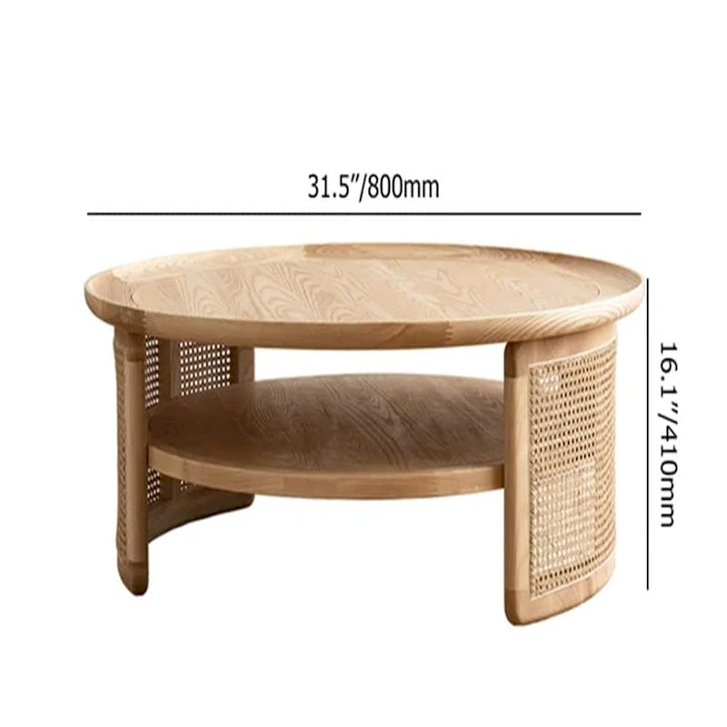 Tavolino da caffè rotondo a 2 ripiani JASIWAY in legno con base in rattan
