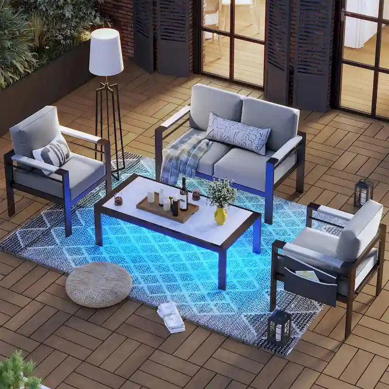 4-Piece 4 Person Aluminum Patio Conversation Set with Cushions LED Coffee Table and Loveseat