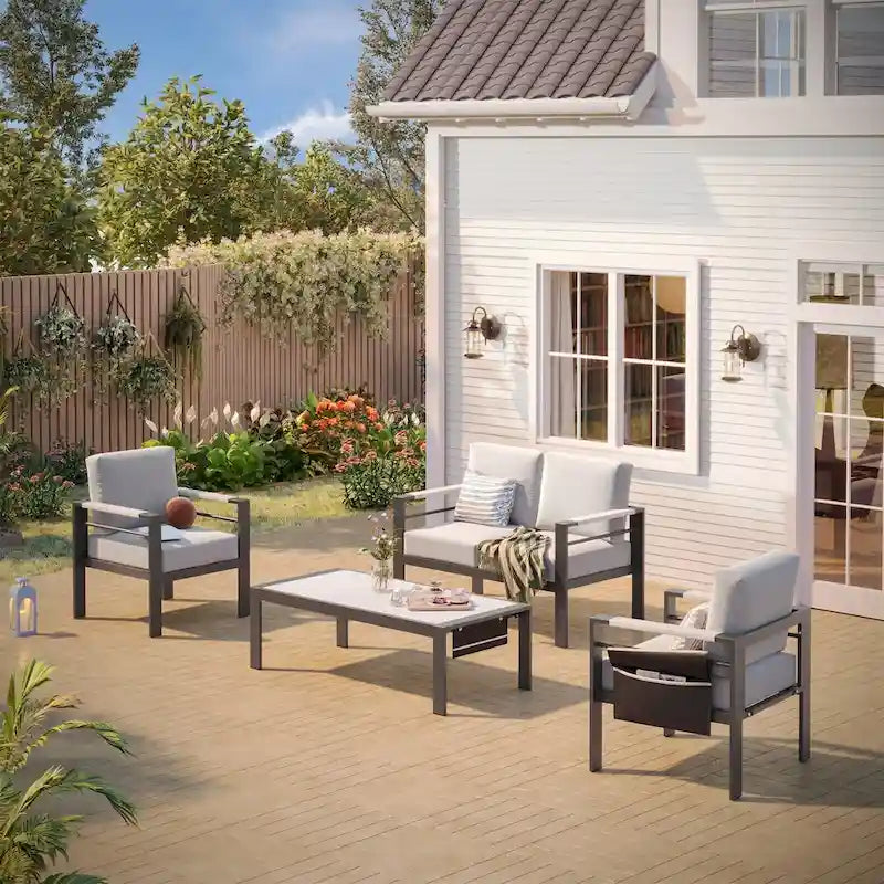 4-Piece 4 Person Aluminum Patio Conversation Set with Cushions LED Coffee Table and Loveseat