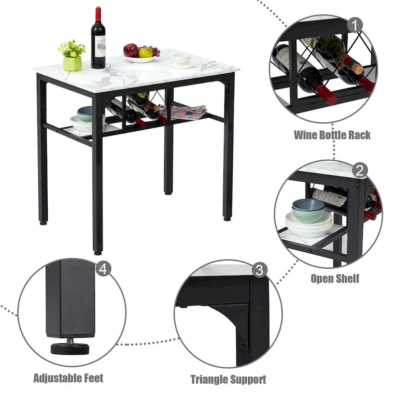 3 Piece Dining Room Table Set, Counter Height Dining Set Faux Marble Table w/ Wine Rack 2 Chairs Kitchen