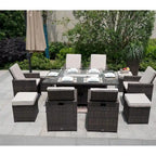 Luxury Style Dark Brown Wicker 11-Piece Outdoor Gas Fire Pit Dining Set