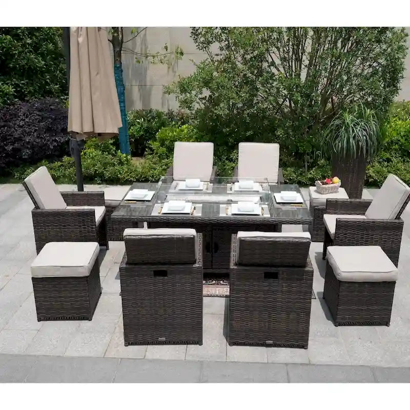 Luxury Style Dark Brown Wicker 11-Piece Outdoor Gas Fire Pit Dining Set